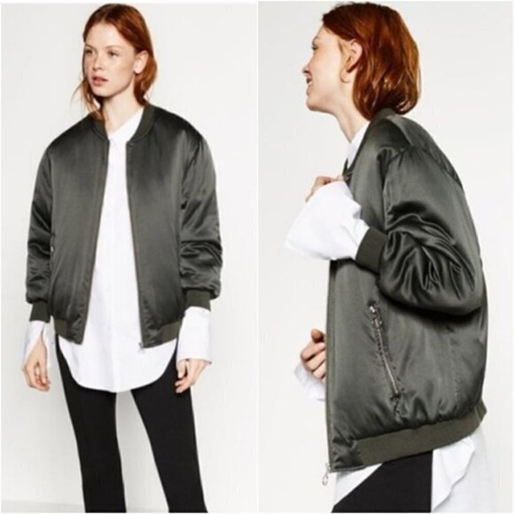 ZARA Basic Satin Effect Bomber Jacket Boho Oversized Retro Coat Army Green Sz XS - Picture 1 of 16